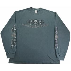 Vintage y2k Harley Davidson Biker Skull Long Sleeve Shirt Men's XL Grey USA
